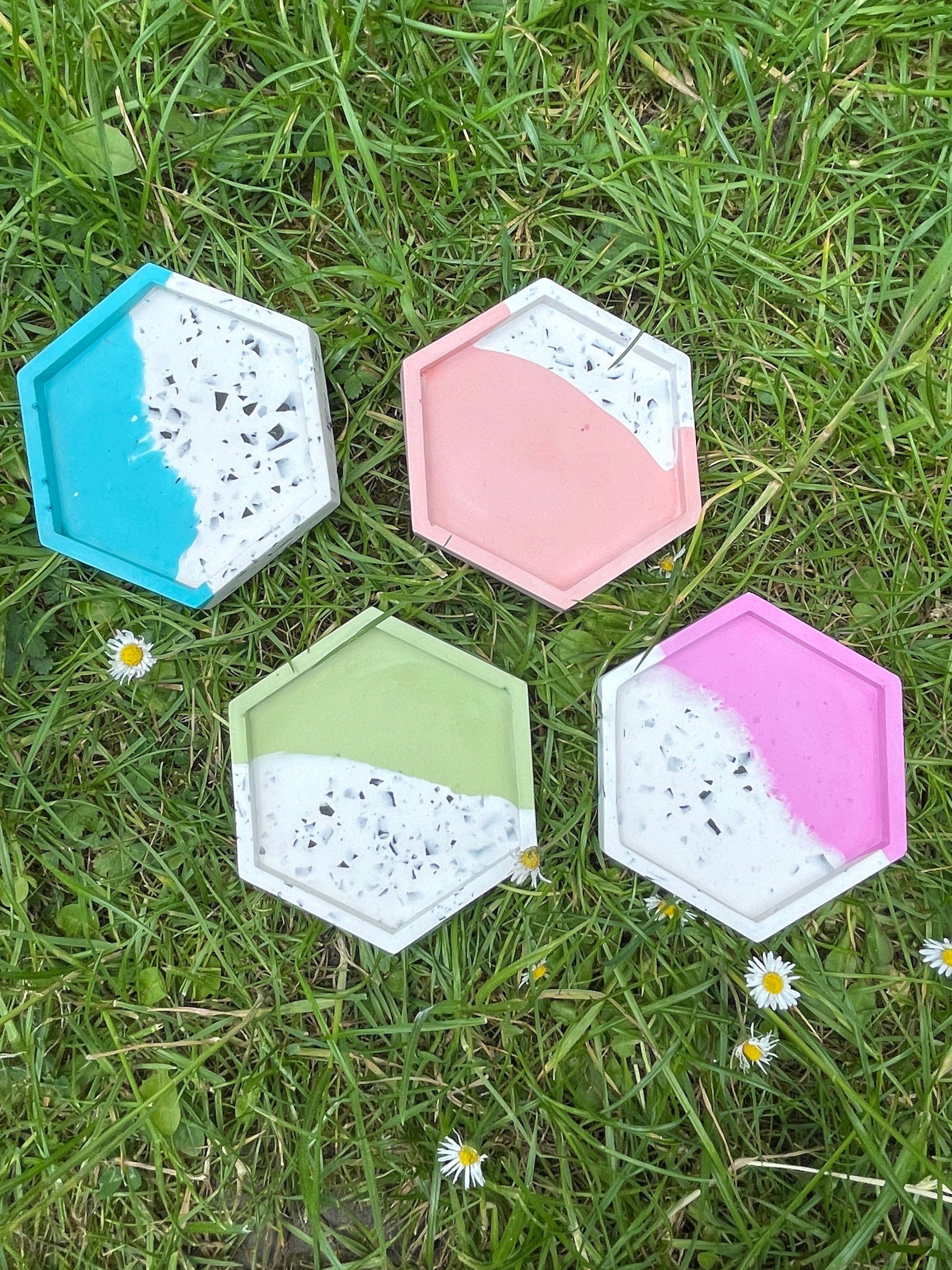 Block colour split terrazzo hexagon trays.