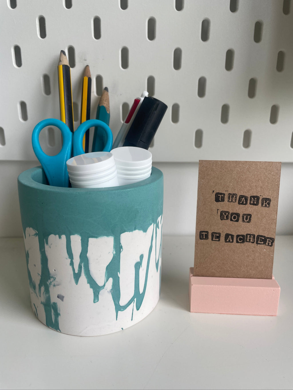 Marbled white and green pe pot with photo / card holder. Teacher Thank You Gift.