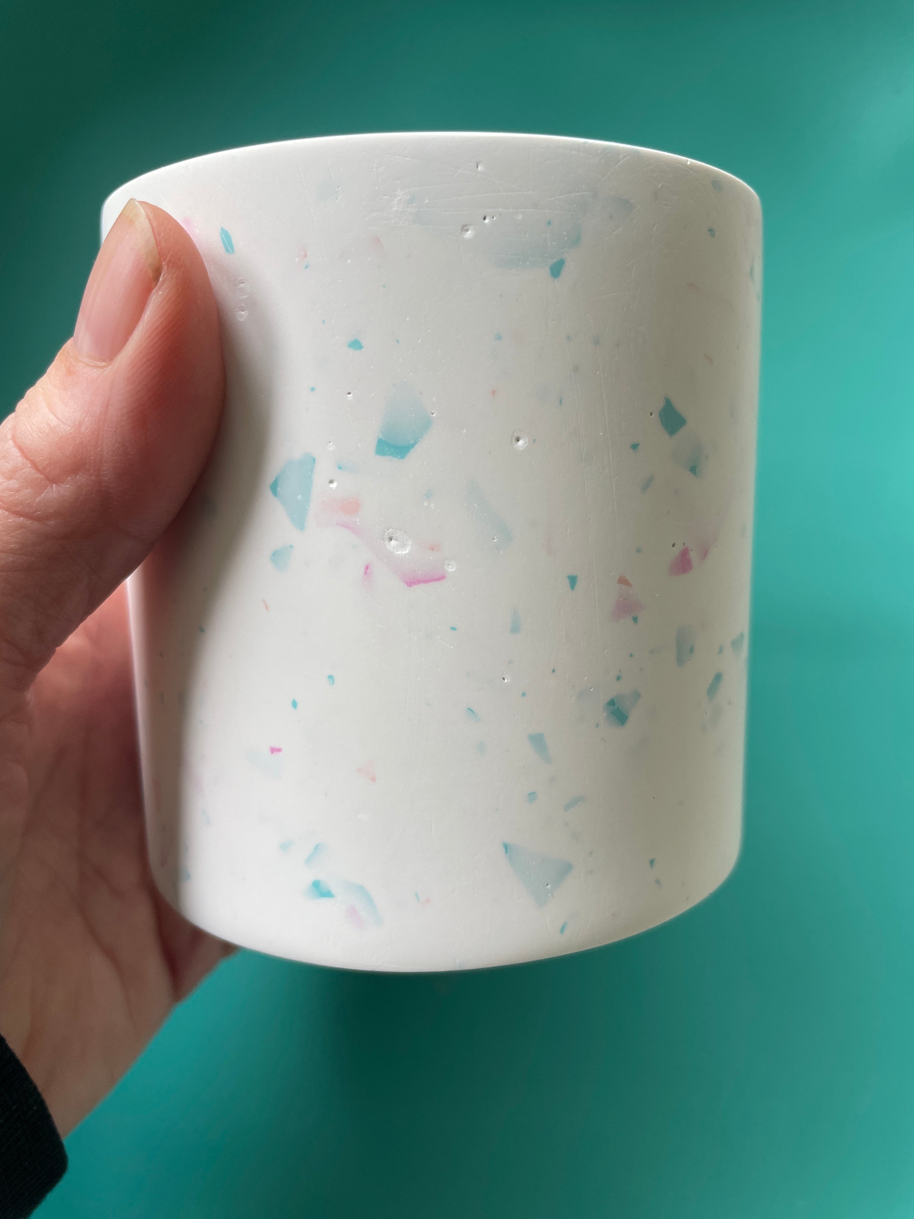 Medium pen pot - white with pink and blue terrazzo chips. Teacher Thank You Gift.