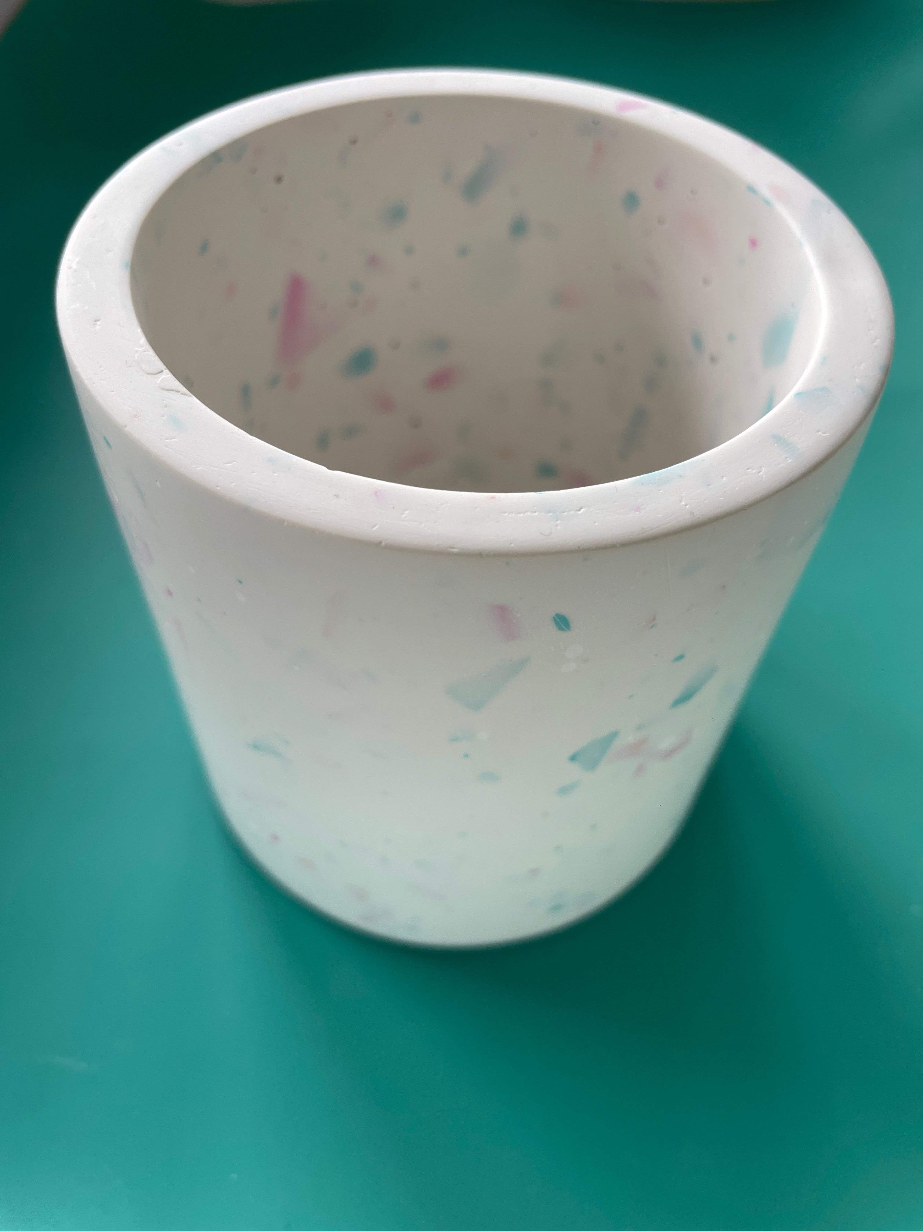 Medium pen pot - white with pink and blue terrazzo chips. Teacher Thank You Gift.