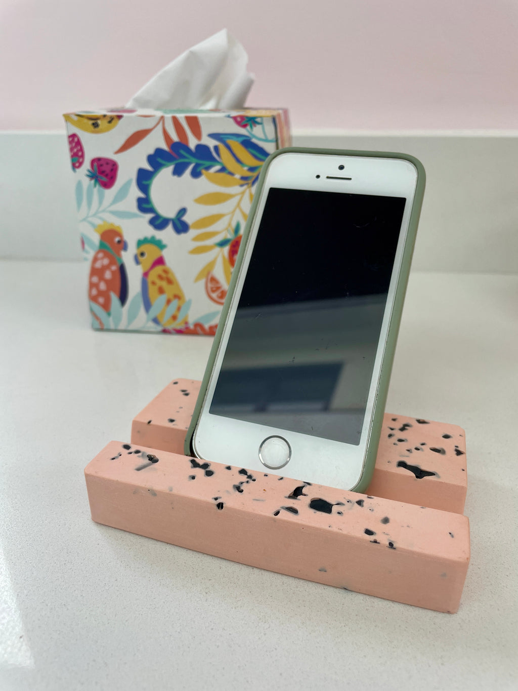 Phone / iPad stand / holder in coral with black terrazzo chips