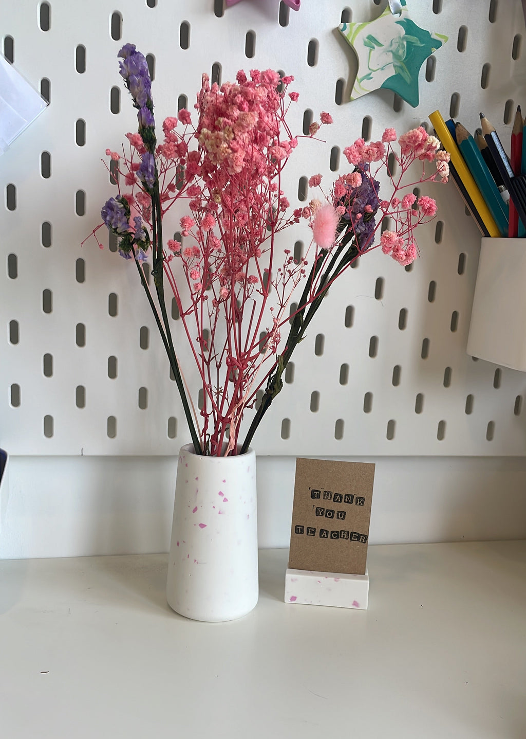Small white pot with pink terrazzo chip and matching photo / card holder. Thank you Teacher Gift.