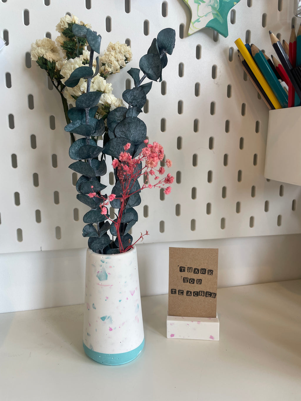 Split block colour terrazzo pot with photo holder Bundle. Teacher Thank You Gift.