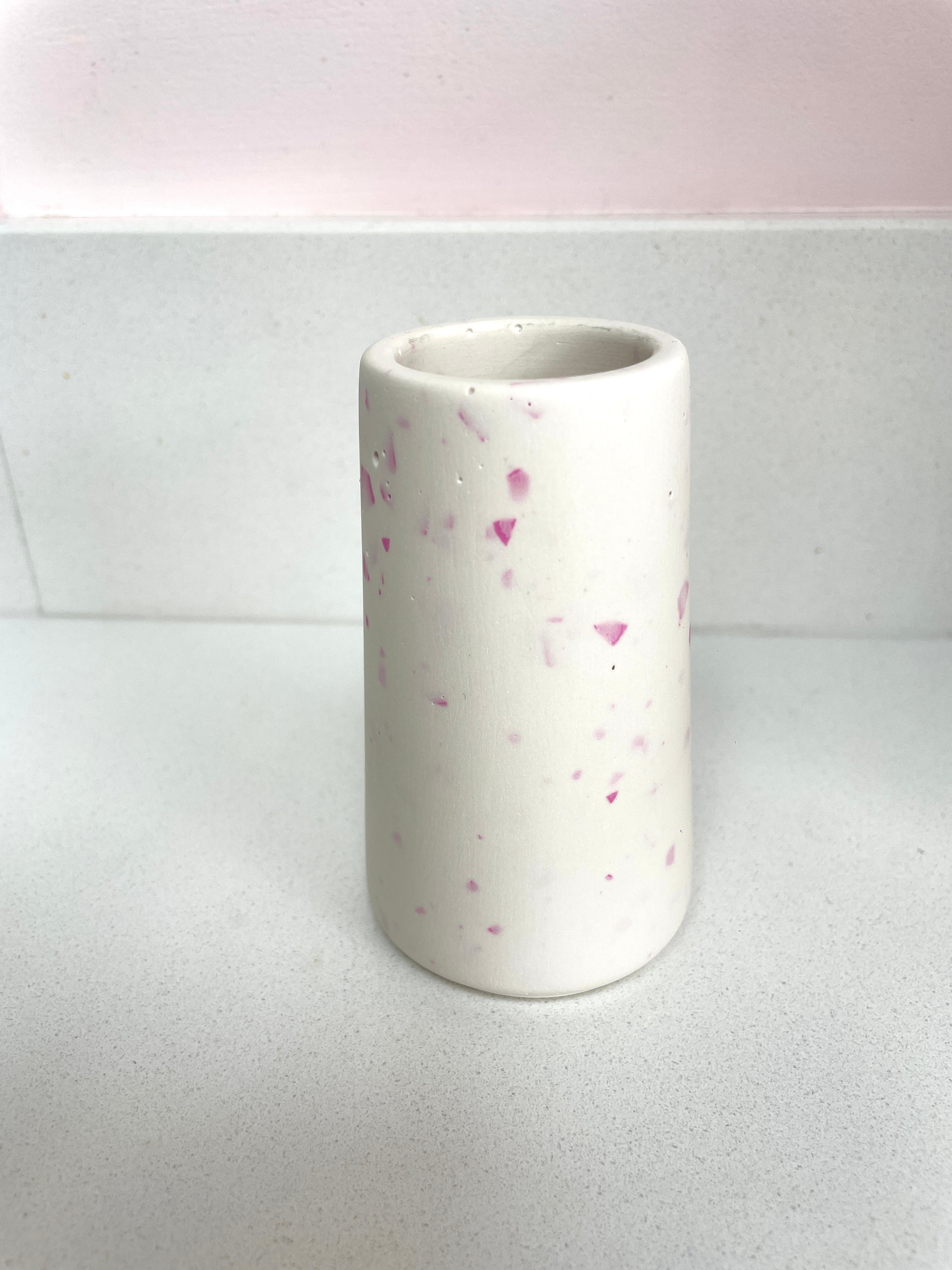 Tapered pot - white with pink terazzo chips.