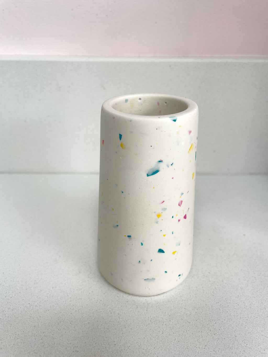 Tapered pot - white with pink, yellow and blue terrazzo chips