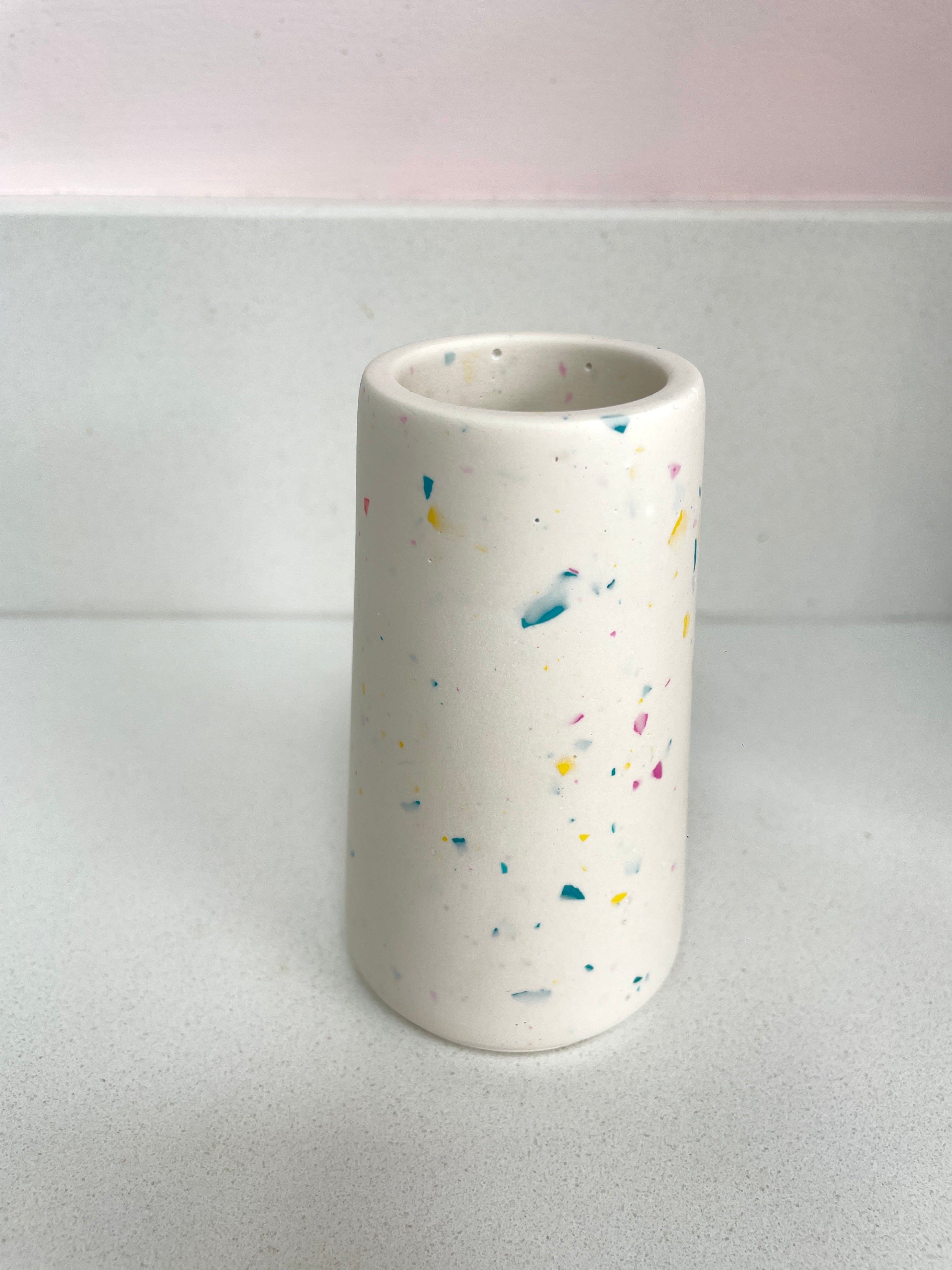Tapered pot - white with pink, yellow and blue terrazzo chips