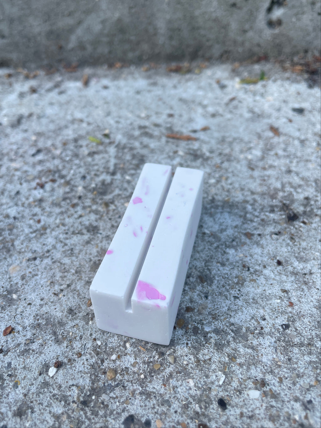 White with pink terrazzo chip photo / card holder. Teacher Thank You Gift.