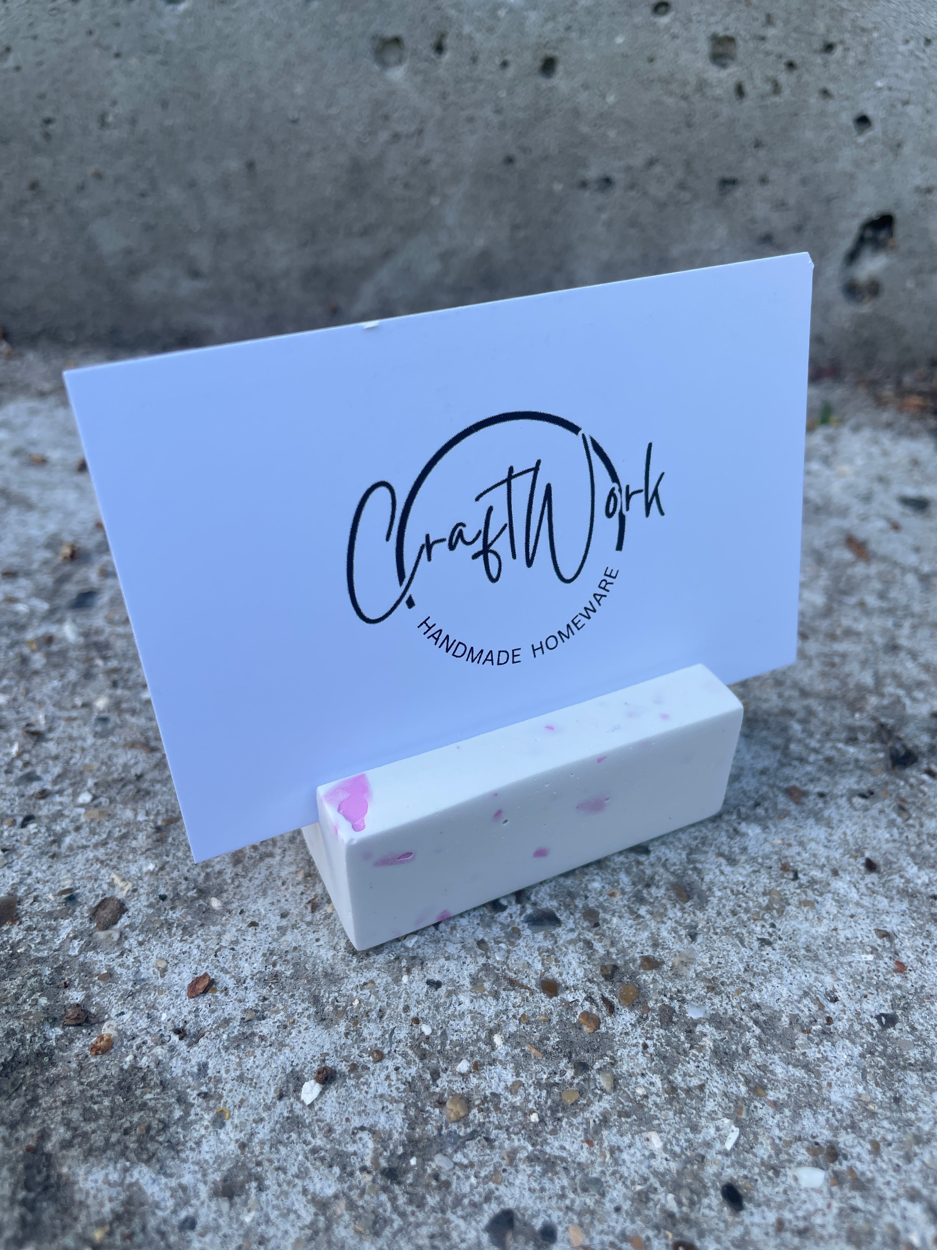 White with pink terrazzo chip photo/ card holder. Teacher Thank You Gift.